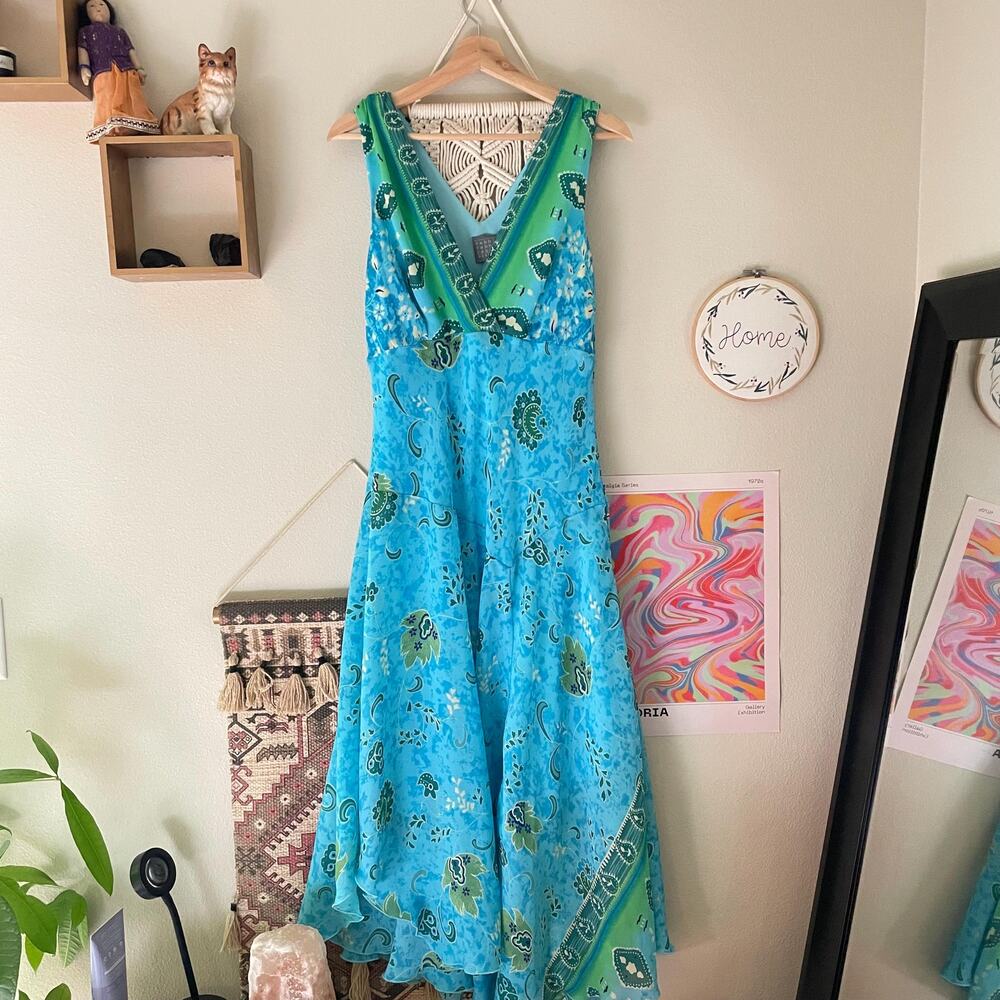Y2K vintage 2000s blue green asymmetrical hem fairy dress boho whimsy L large